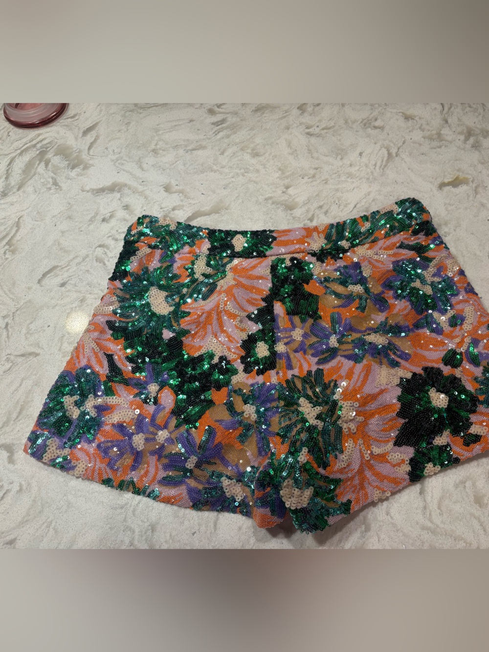 Vici Sequin Floral High-Waist Shorts — Pink, Green & Purple